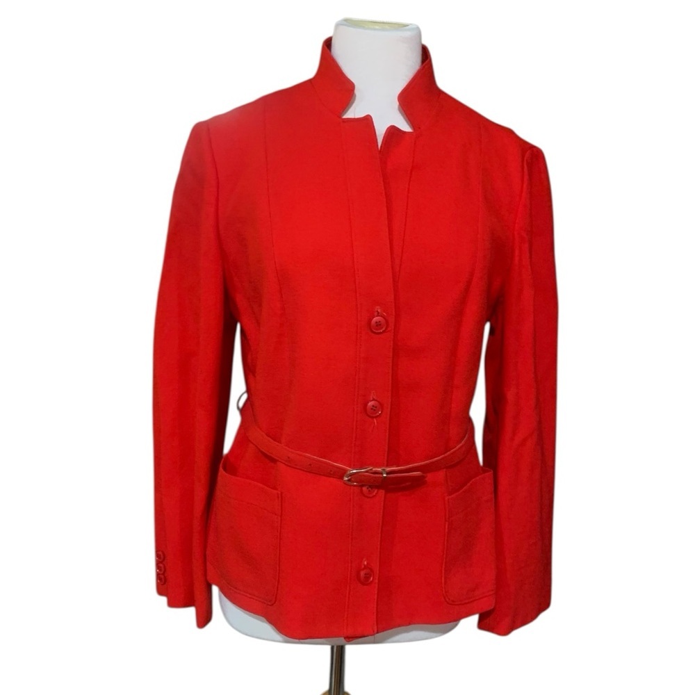 Vintage 70’s red wool button up Nehru jacket with pockets and belt size L